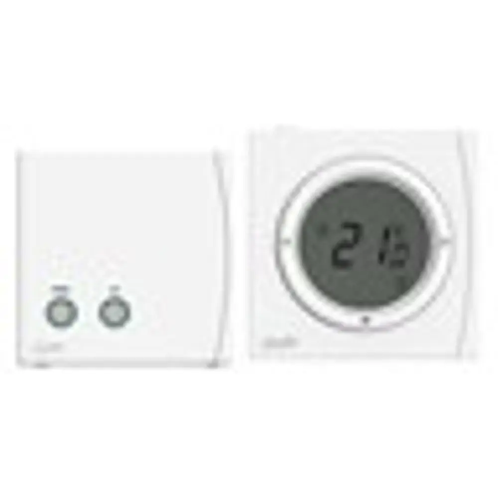 Funk-Raumthermostat mit LCD-Anzeige, zwei Bedienelementen, Temperaturbereich von 5-30°C. Danfoss Produkt, geeignet zur Temperaturregelung in Räumen.